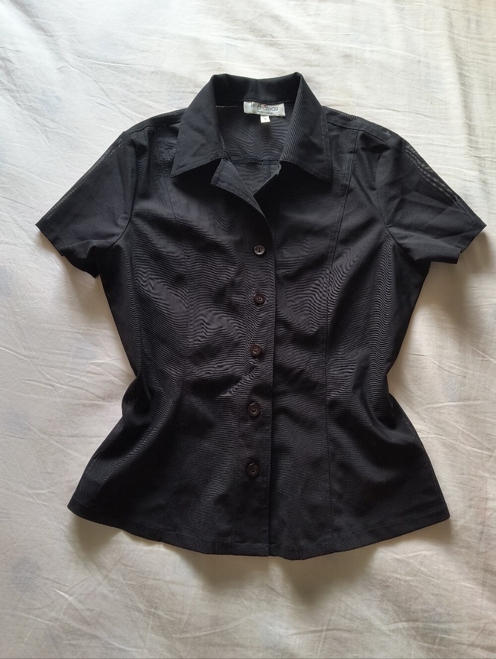 le chateau Women's Black Short-Sleeve Button-Down Shirt Blouse